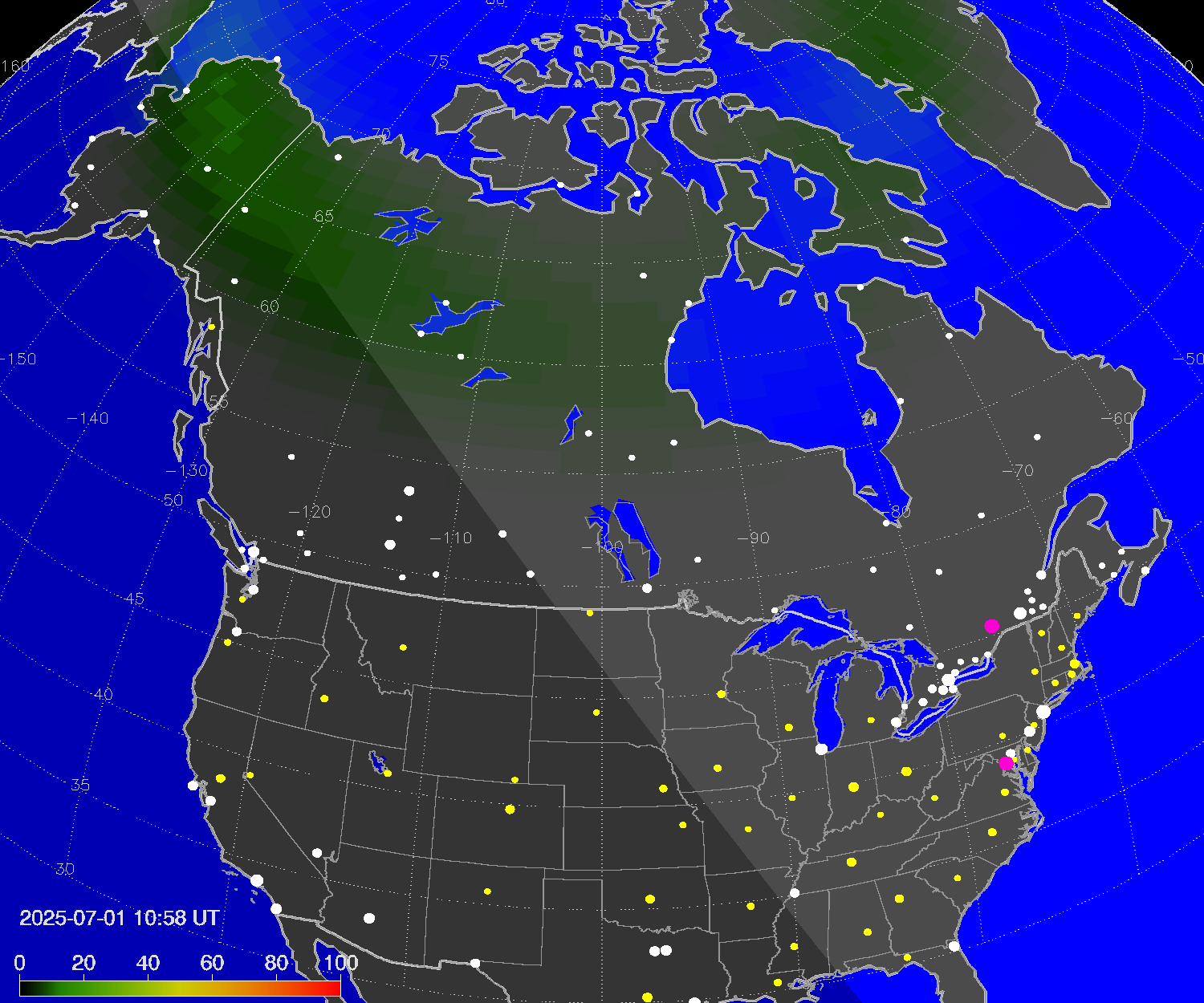 Northern lights (auroras) over North America