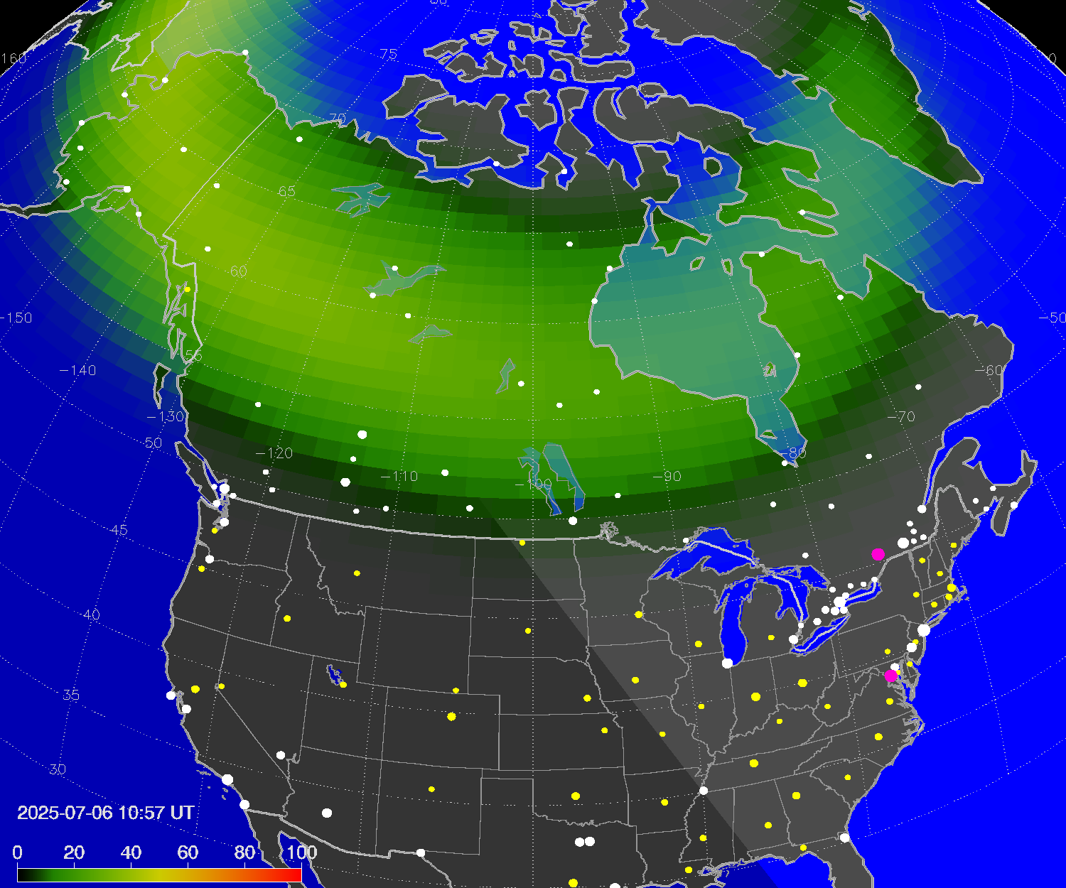 Northern lights (auroras) over North America