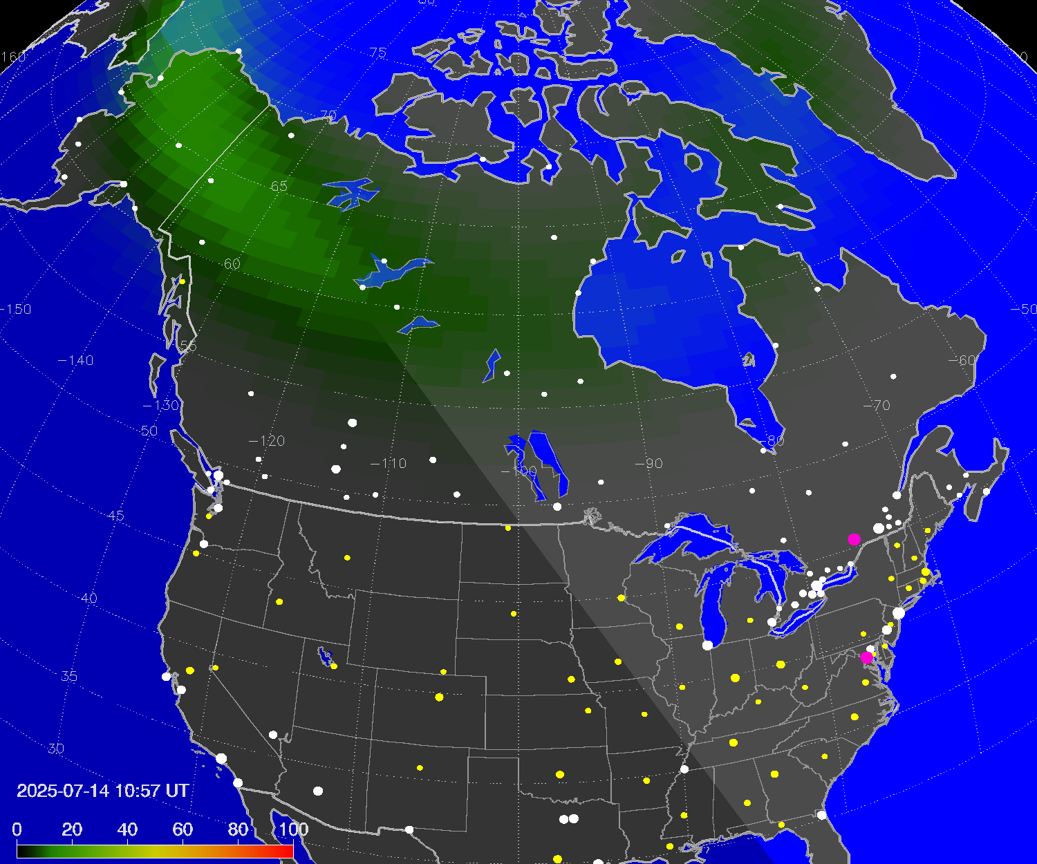 Northern lights (auroras) over North America