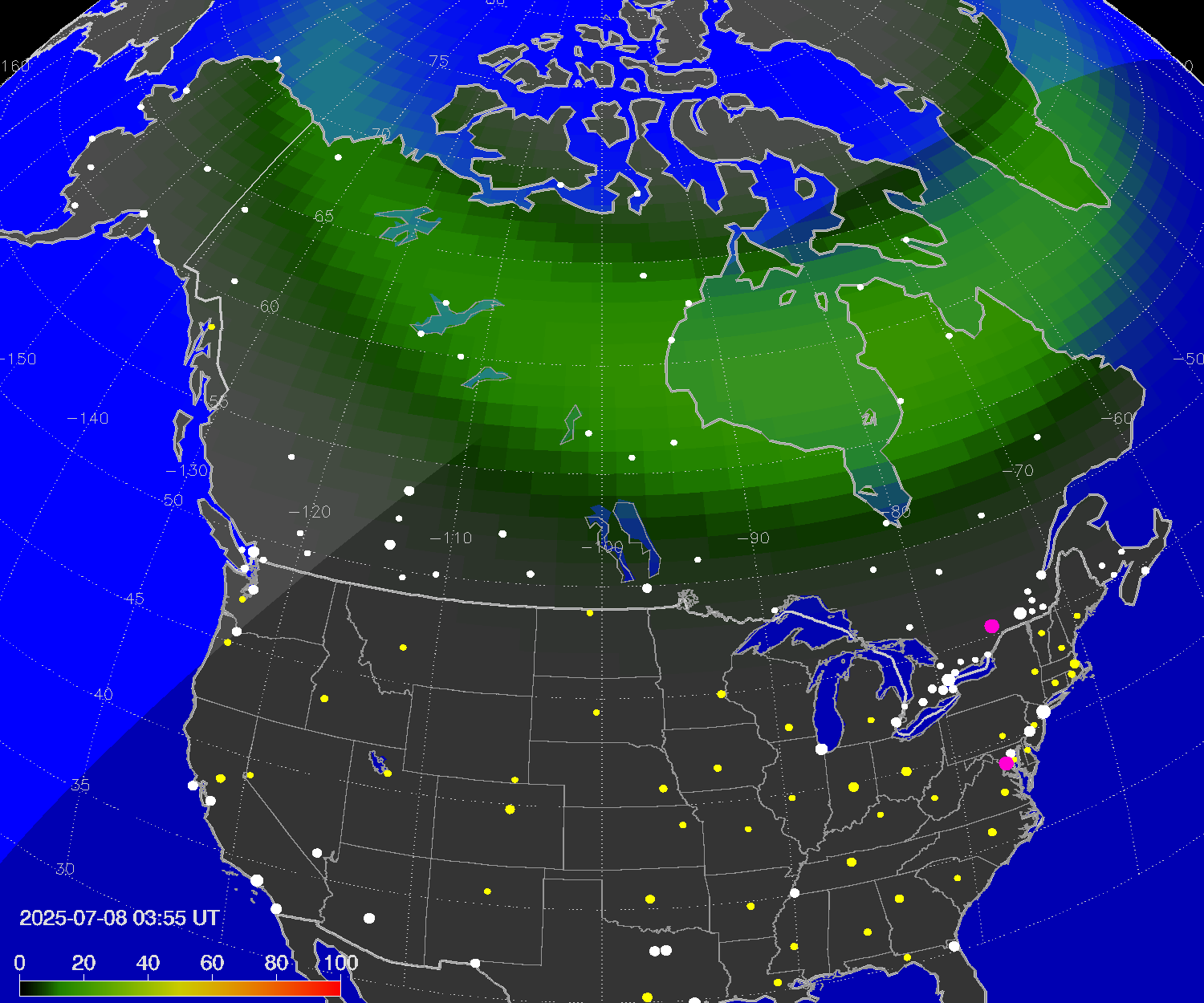Northern lights (auroras) over North America