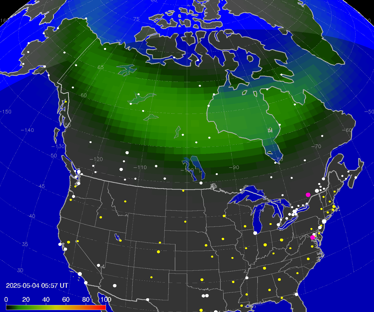 Northern lights (auroras) over North America