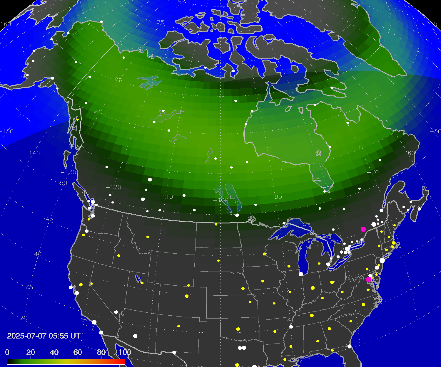 Northern lights (auroras) over North America