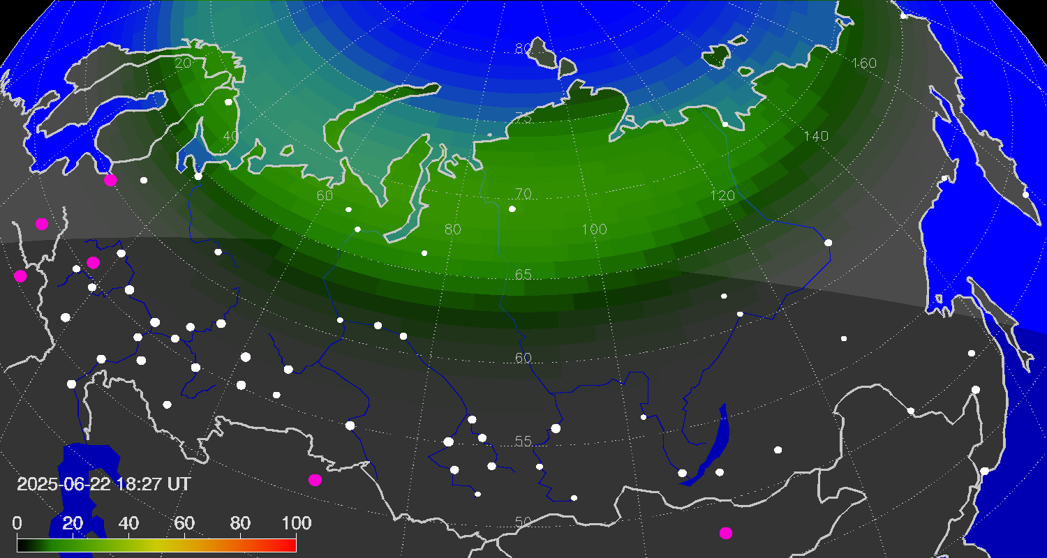 Northern lights (auroras) over the territory of Eurasia