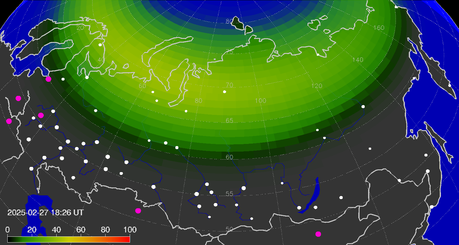 Northern lights (auroras) over the territory of Eurasia
