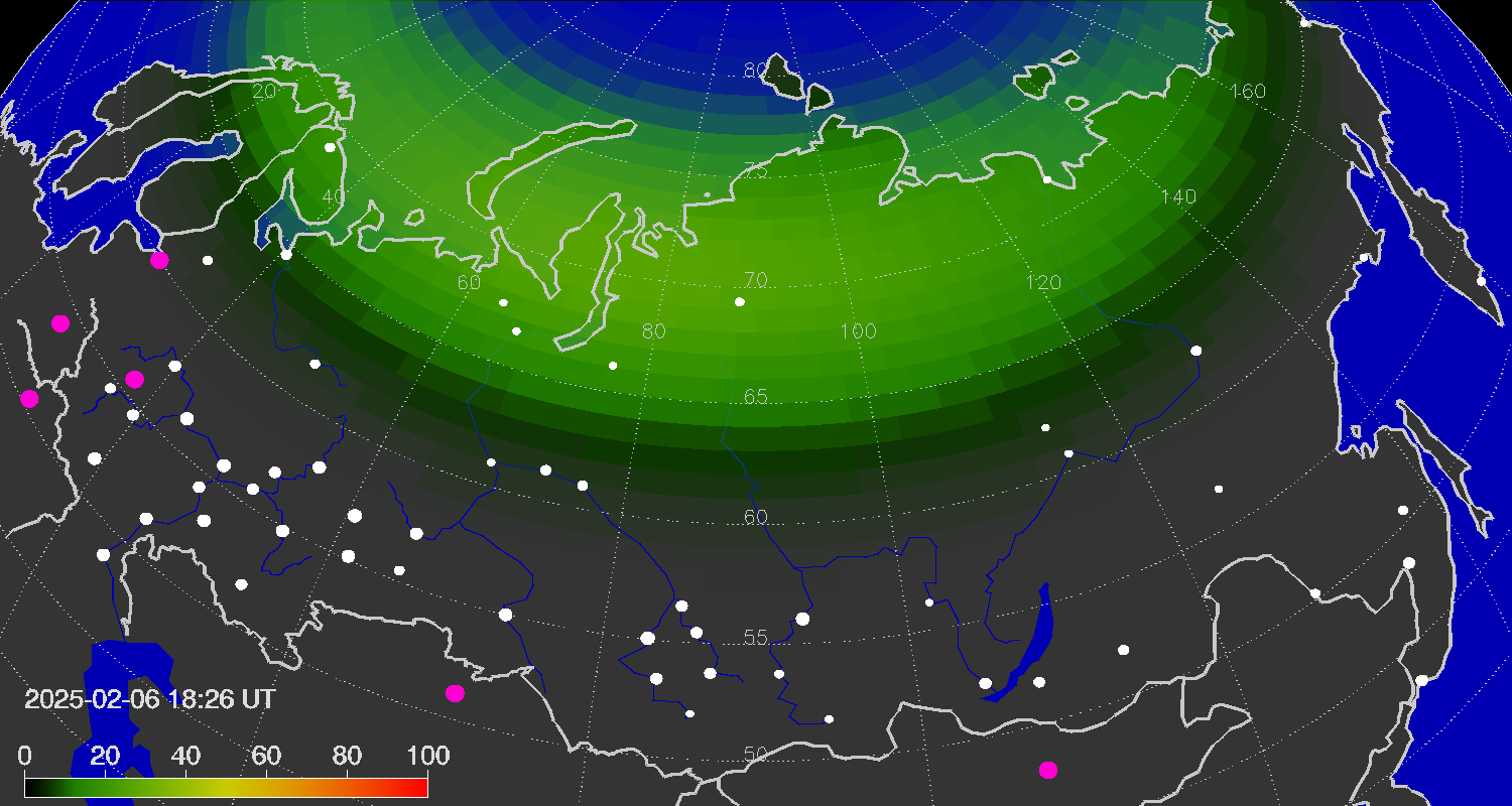 Northern lights (auroras) over the territory of Eurasia