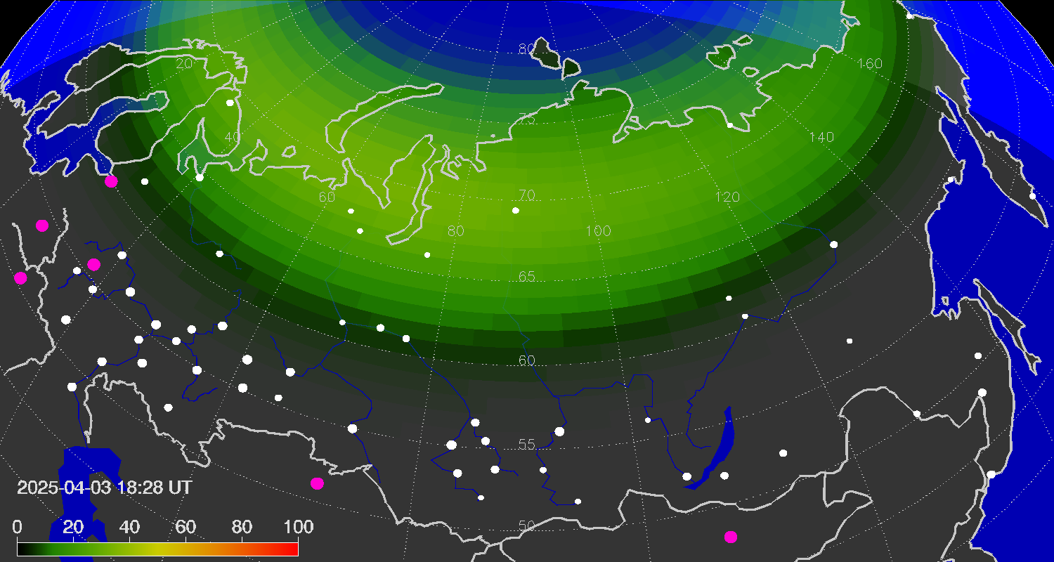 Northern lights (auroras) over the territory of Eurasia