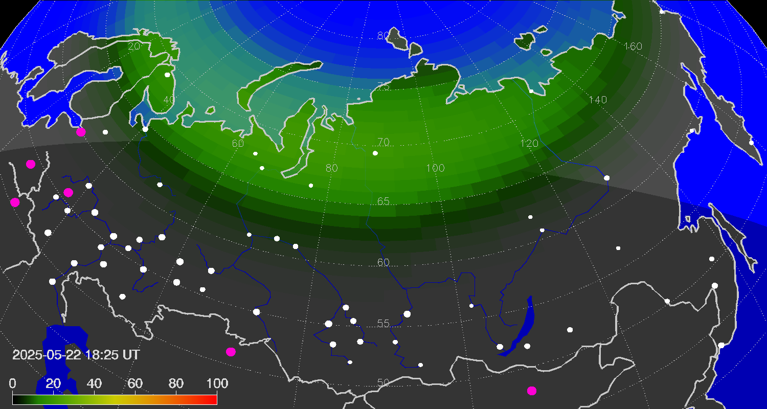 Зона полярных (северных) сияний над территорией Евразии