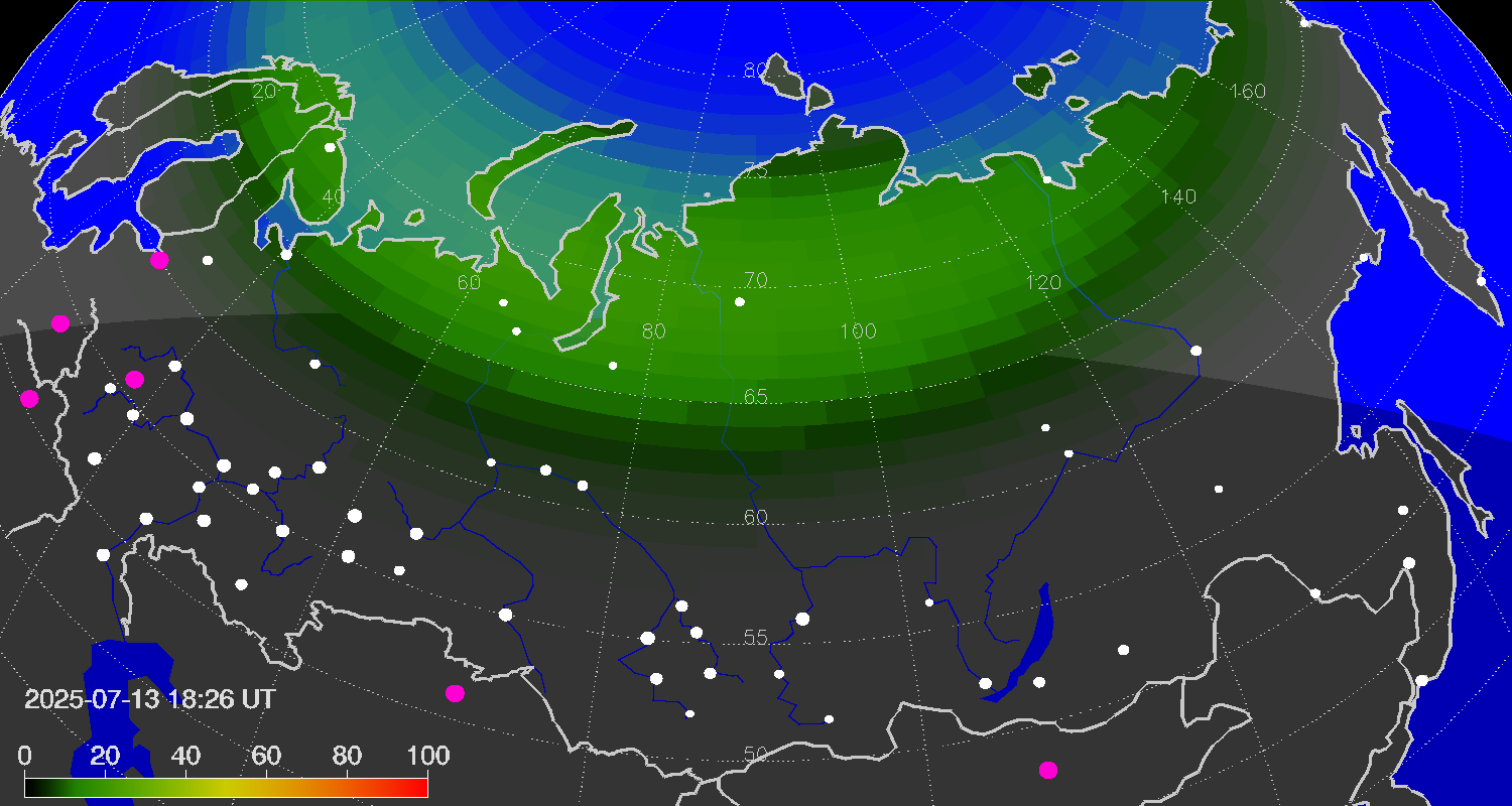 Northern lights (auroras) over the territory of Eurasia