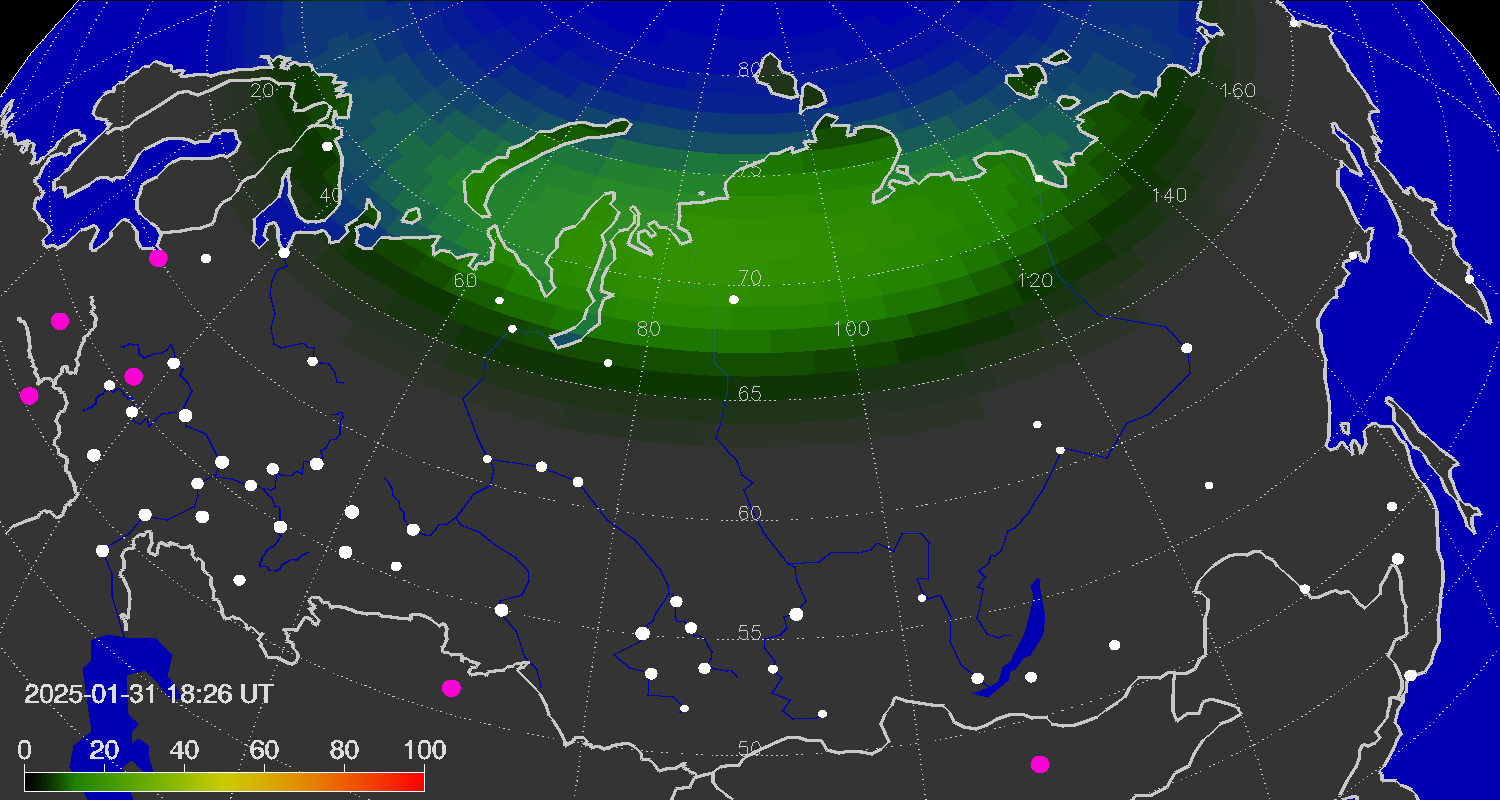 Northern lights (auroras) over the territory of Eurasia