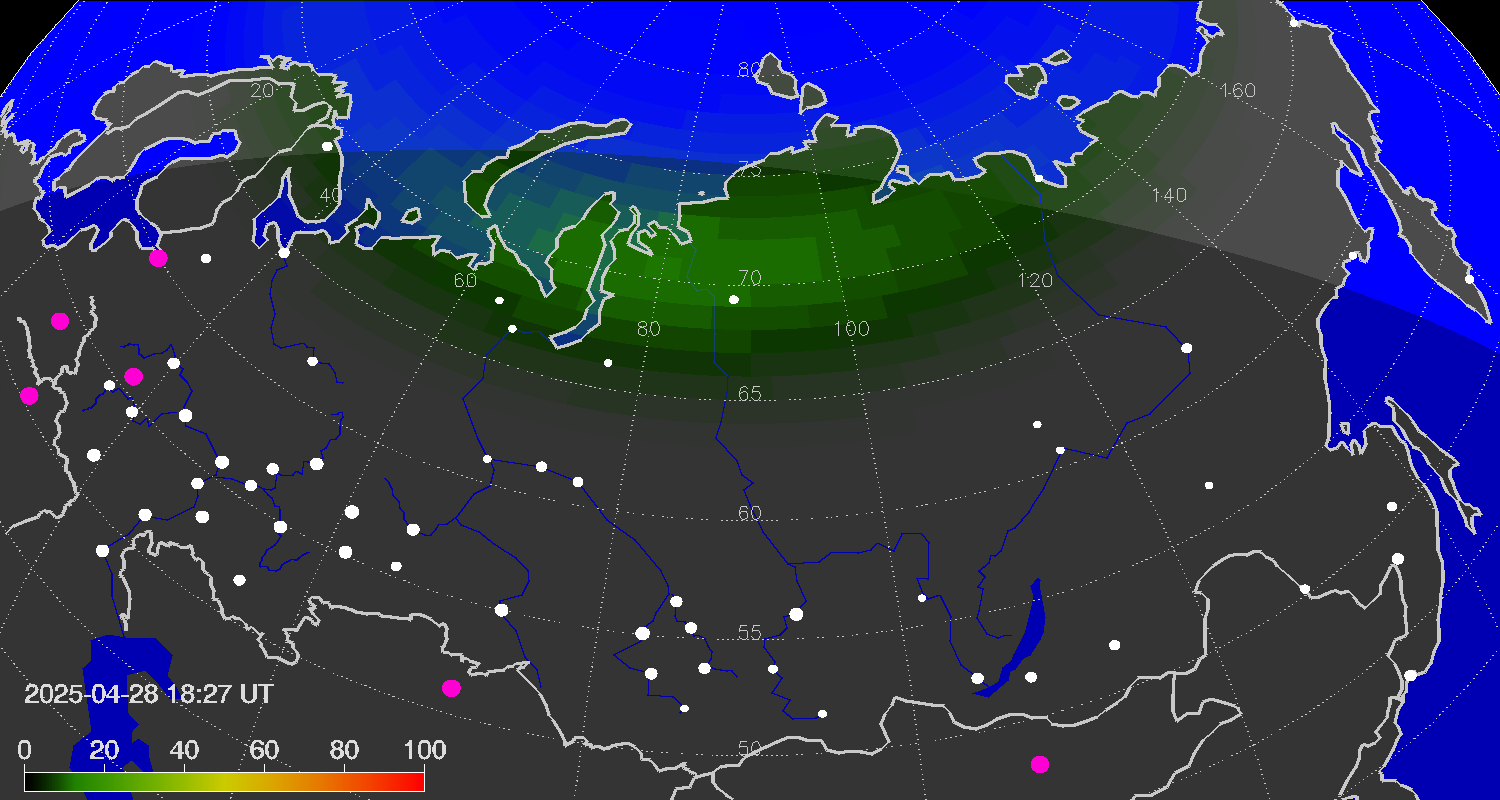 Northern lights (auroras) over the territory of Eurasia