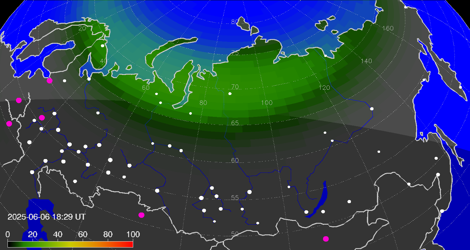 Зона полярных (северных) сияний над территорией Евразии