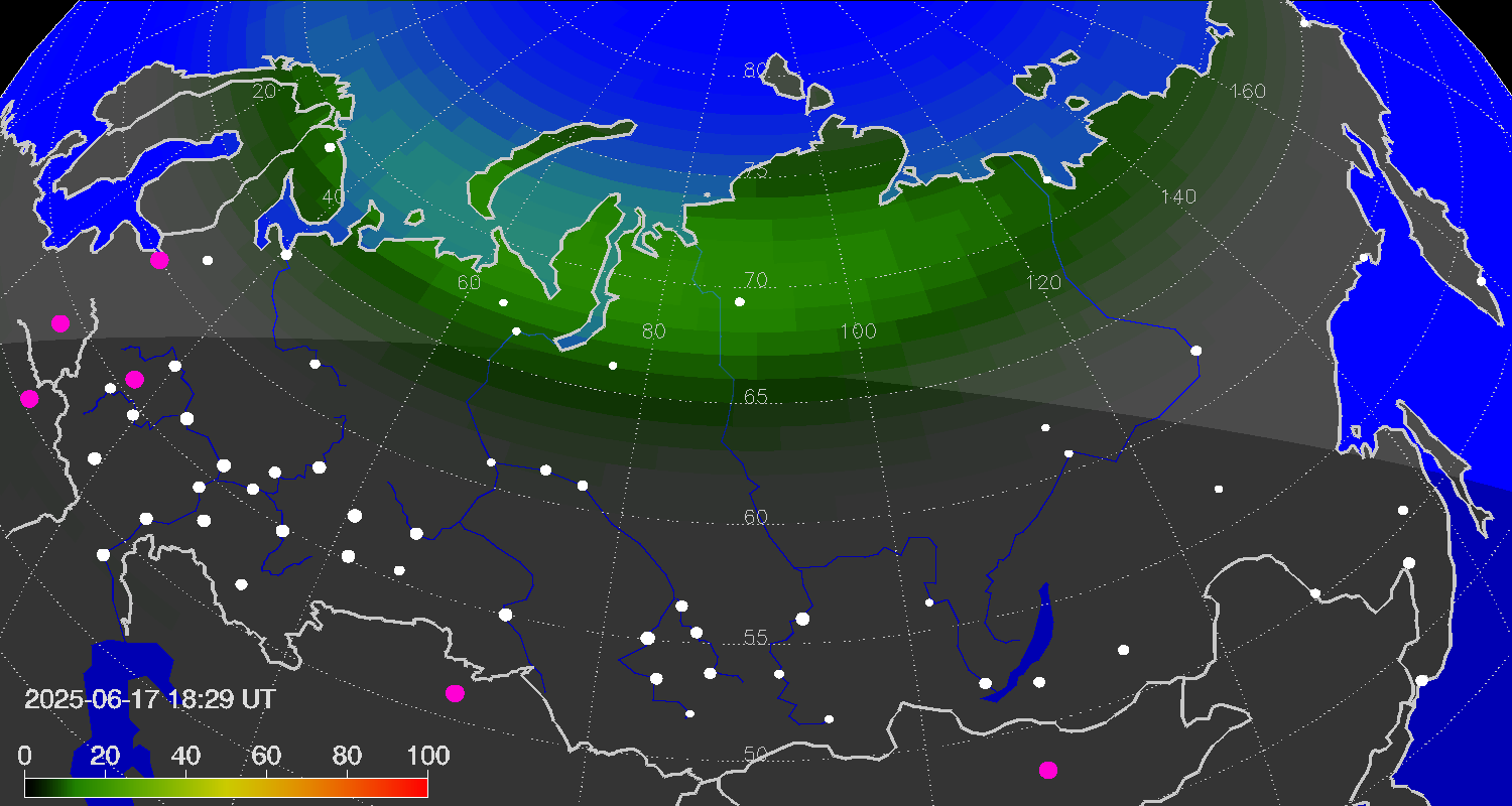 Зона полярных (северных) сияний над территорией Евразии