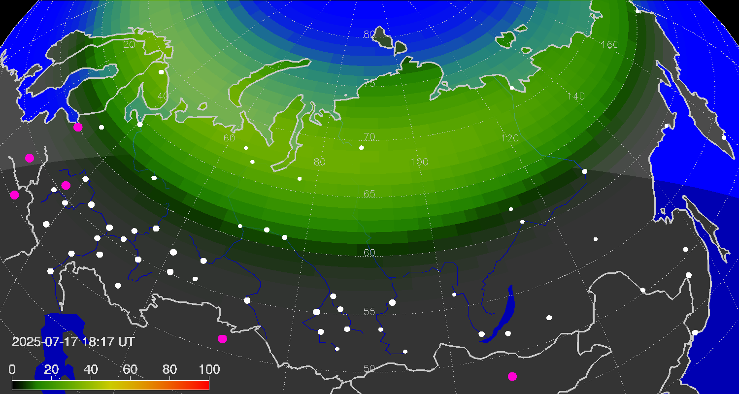 Northern lights (auroras) over the territory of Eurasia