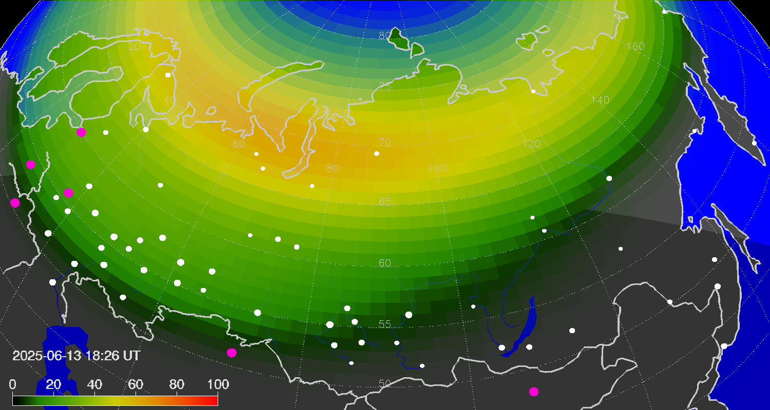 Northern lights (auroras) over the territory of Eurasia