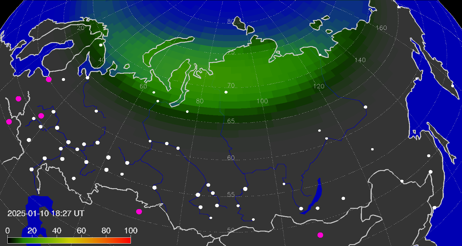 Зона полярных (северных) сияний над территорией Евразии