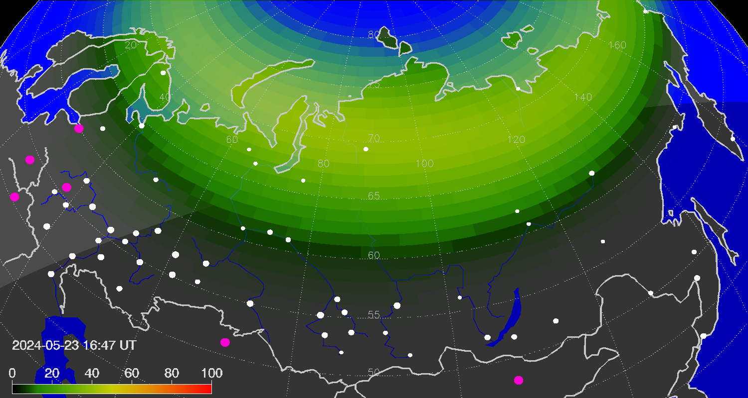 Northern lights (auroras) over the territory of Eurasia