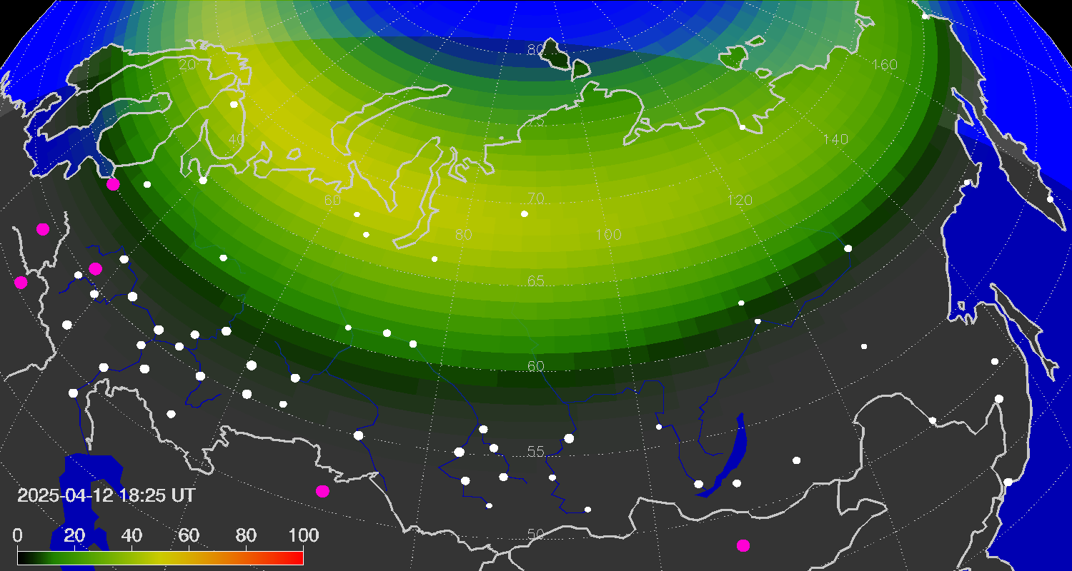 Northern lights (auroras) over the territory of Eurasia