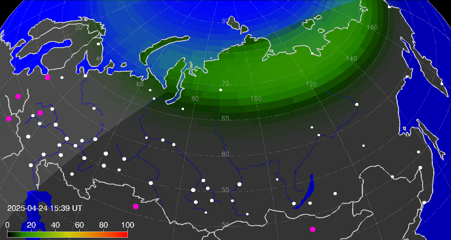 Northern lights (auroras) over Russian Federation