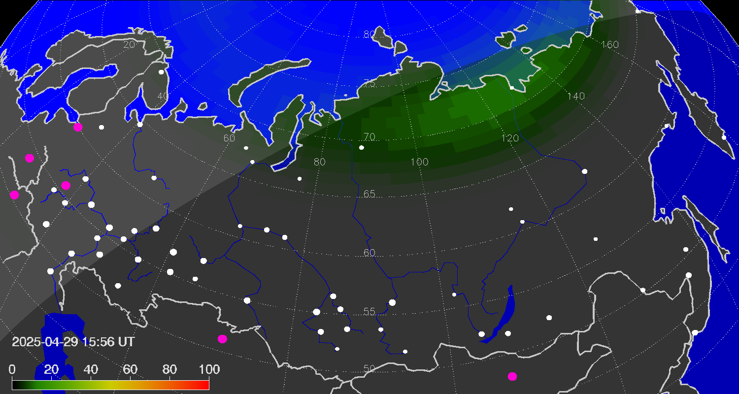 Northern lights (auroras) over Russian Federation