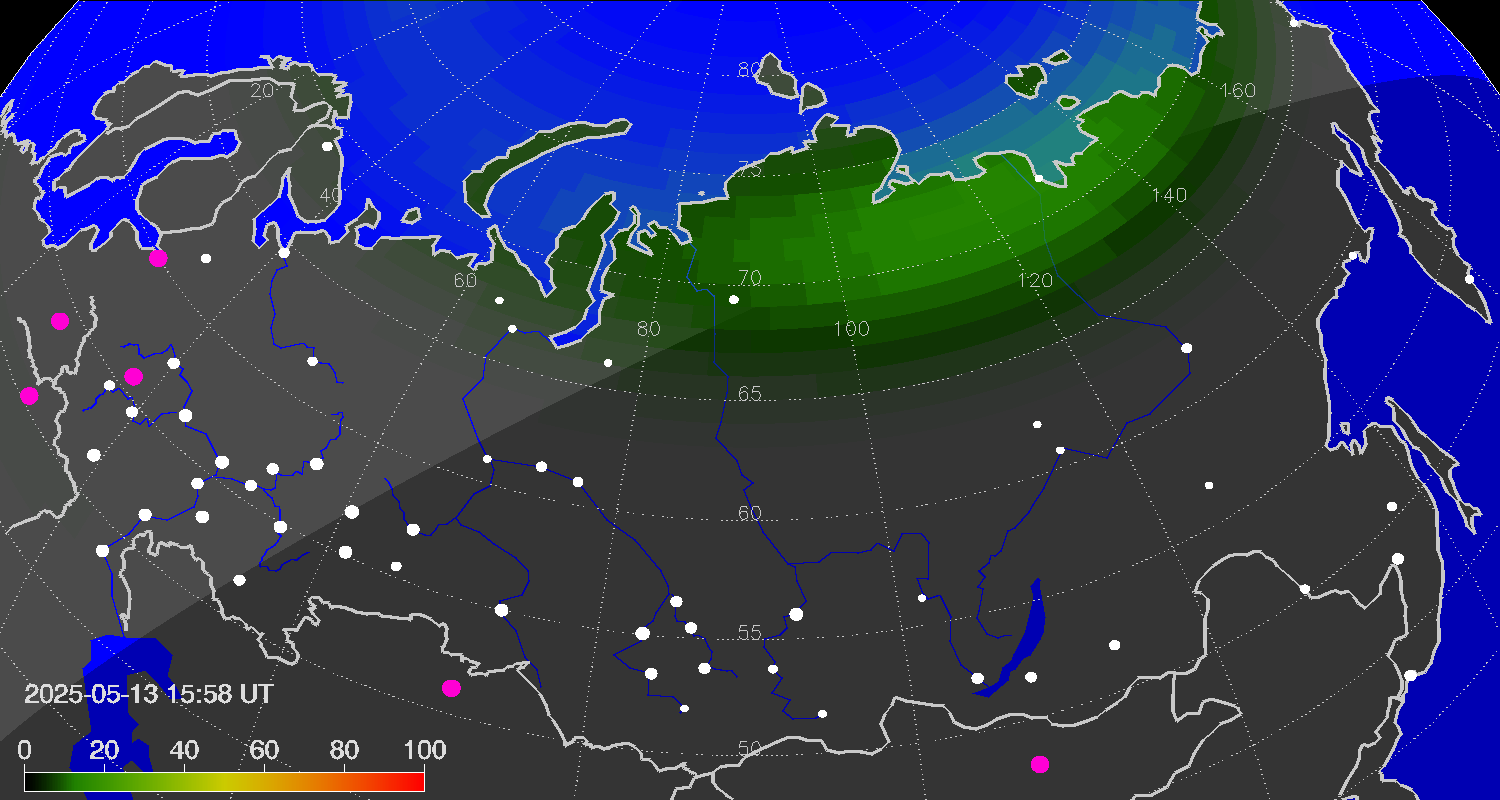 Northern lights (auroras) over Russian Federation