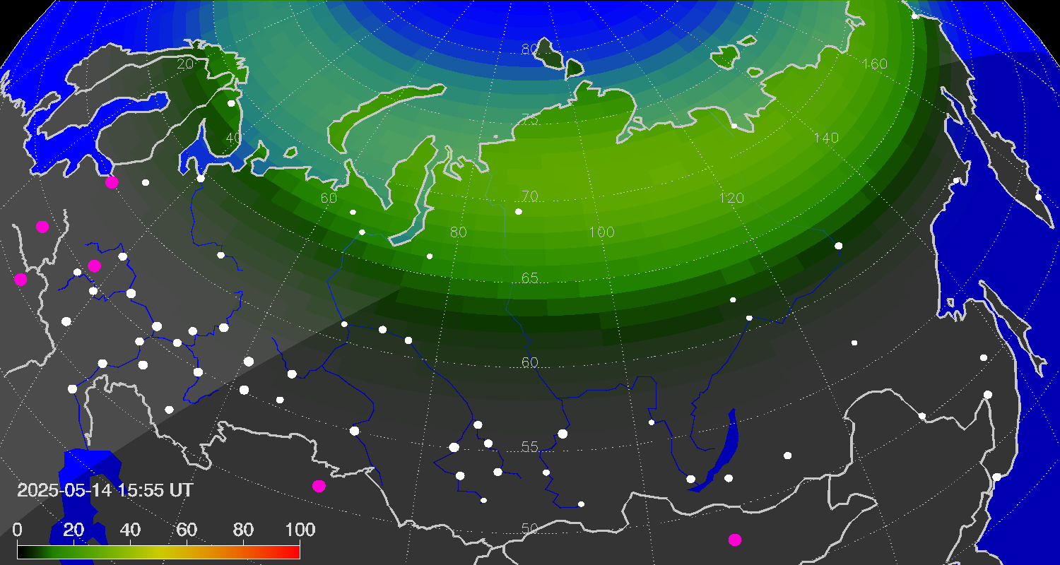 Northern lights (auroras) over Russian Federation