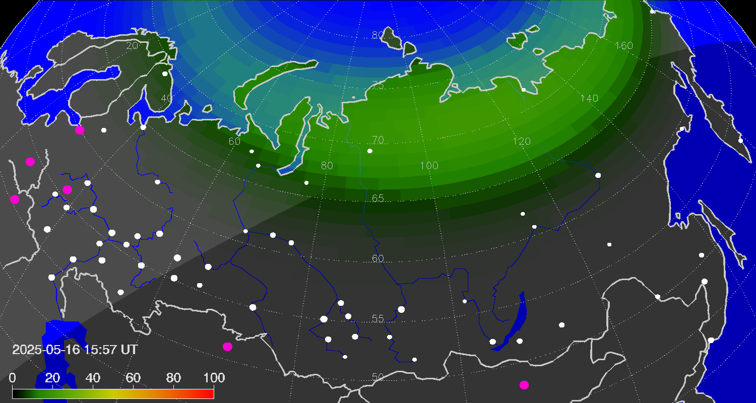 Northern lights (auroras) over Russian Federation
