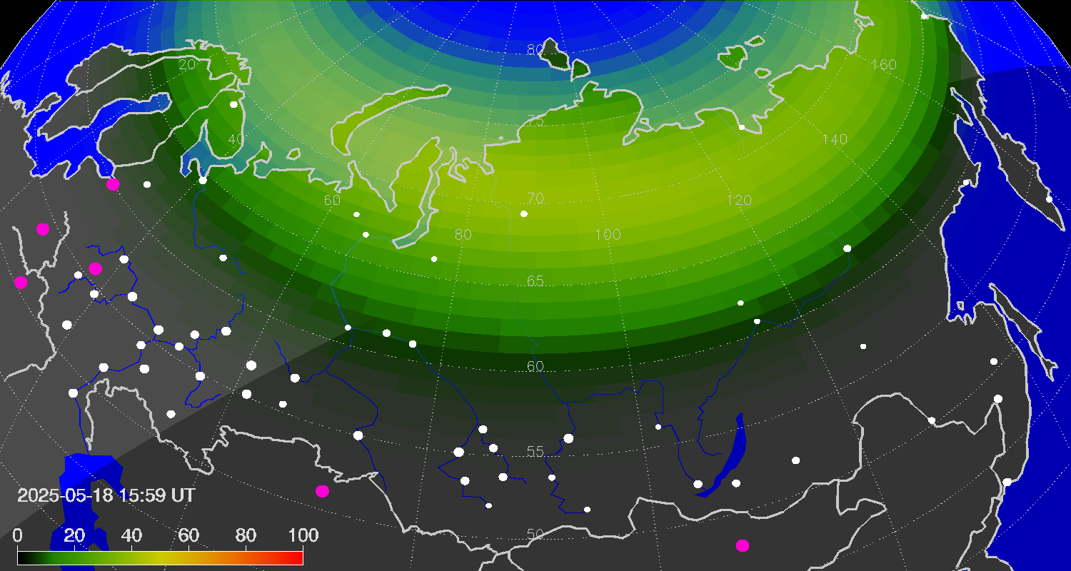Northern lights (auroras) over Russian Federation