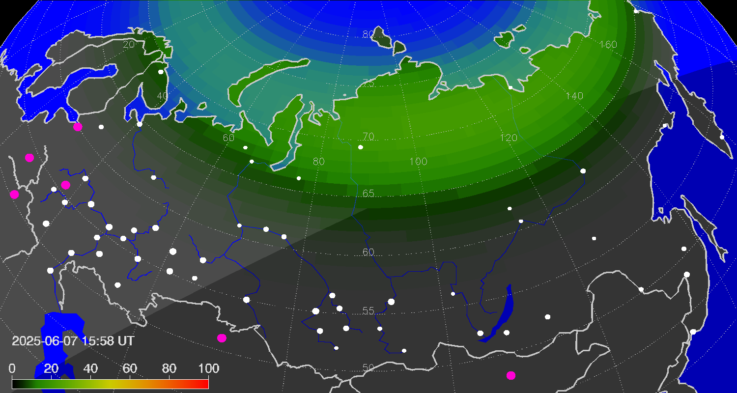 Northern lights (auroras) over Russian Federation
