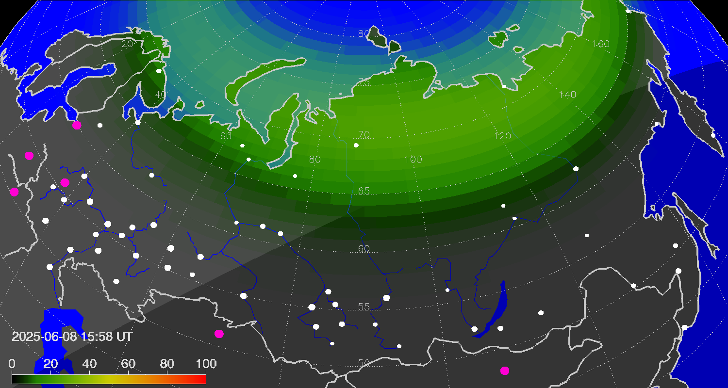 Northern lights (auroras) over Russian Federation
