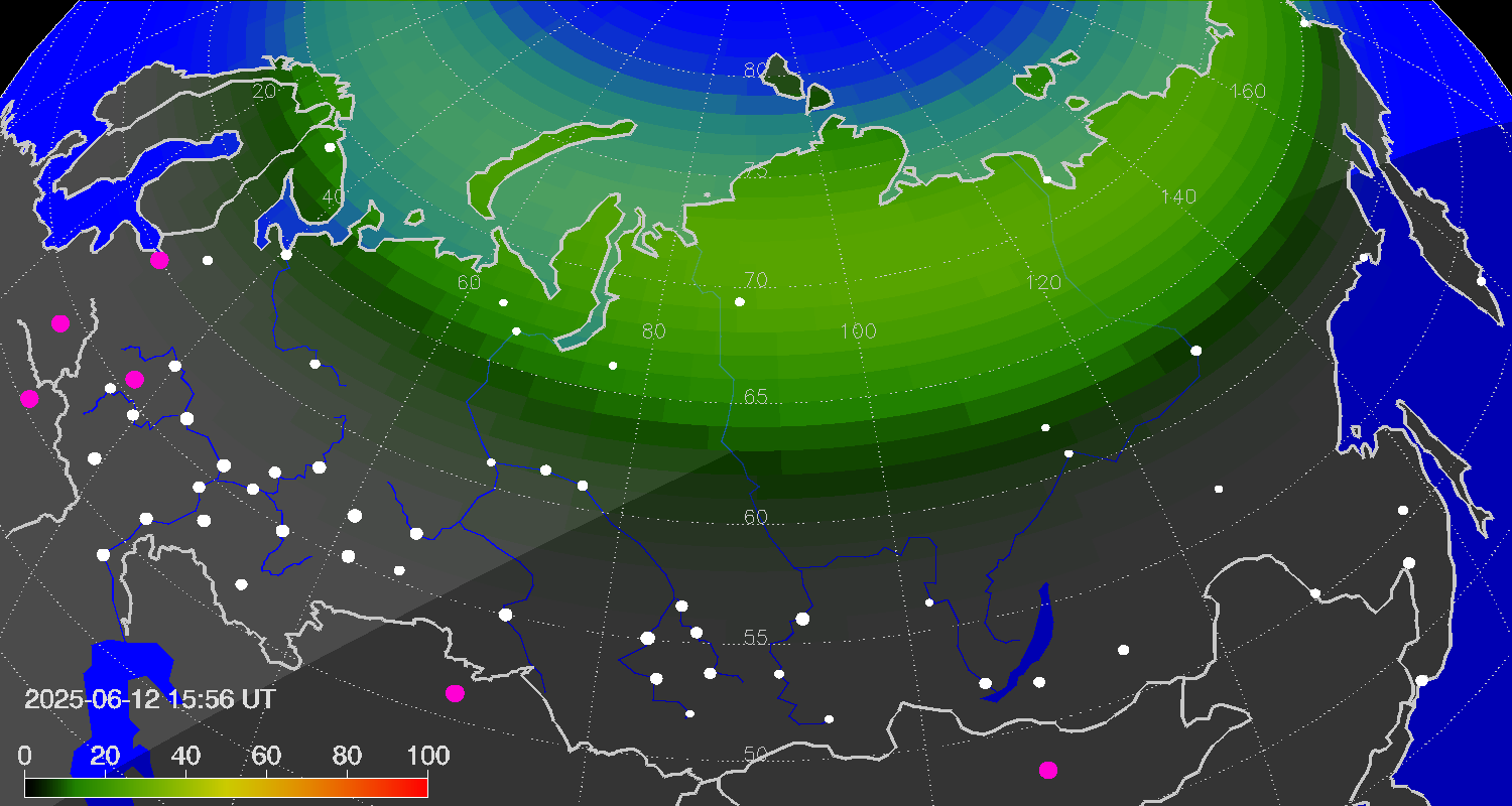 Northern lights (auroras) over Russian Federation