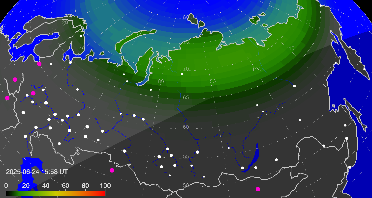 Northern lights (auroras) over Russian Federation