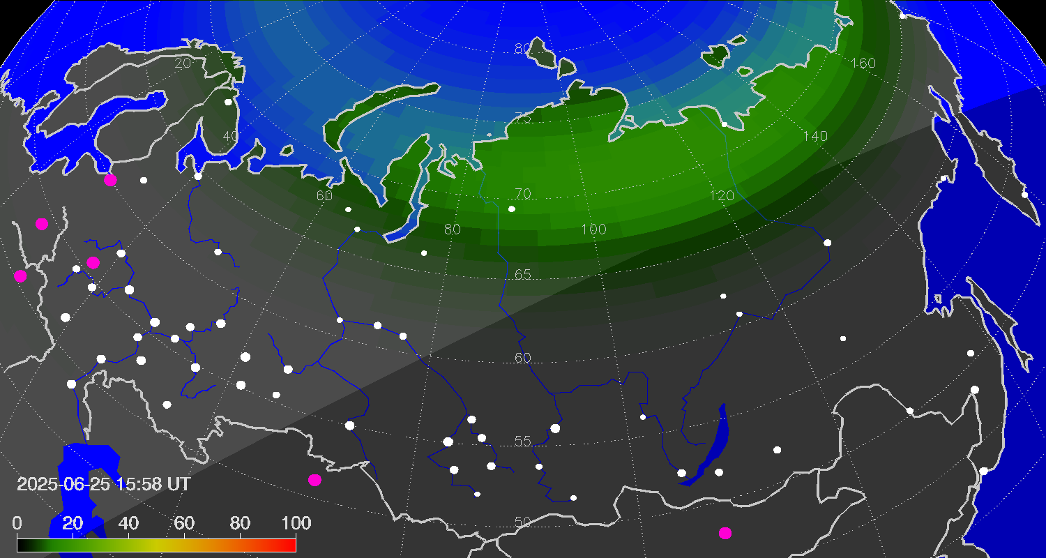 Northern lights (auroras) over Russian Federation