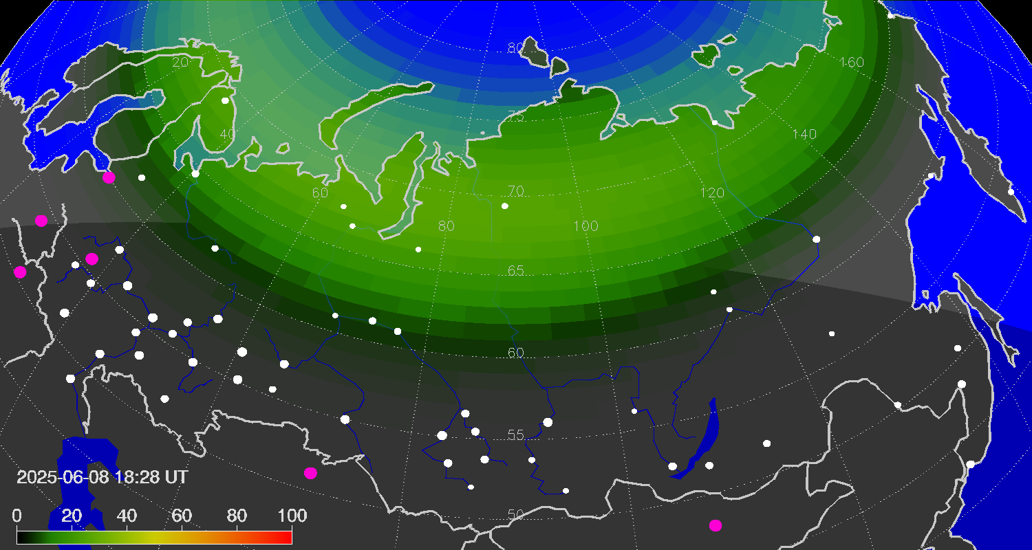 Northern lights (auroras) over the territory of Eurasia