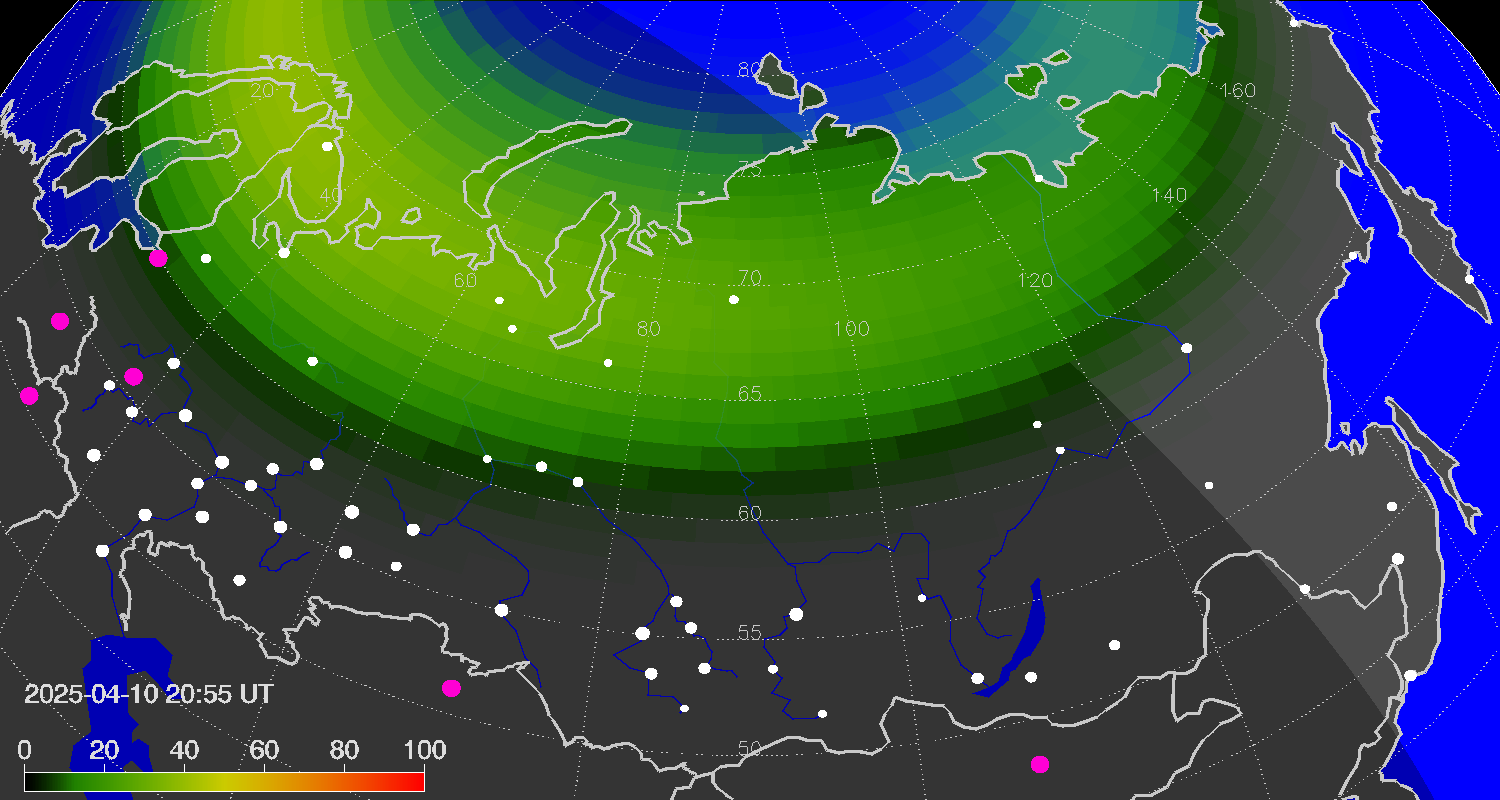 Northern lights (auroras) over Russian Federation