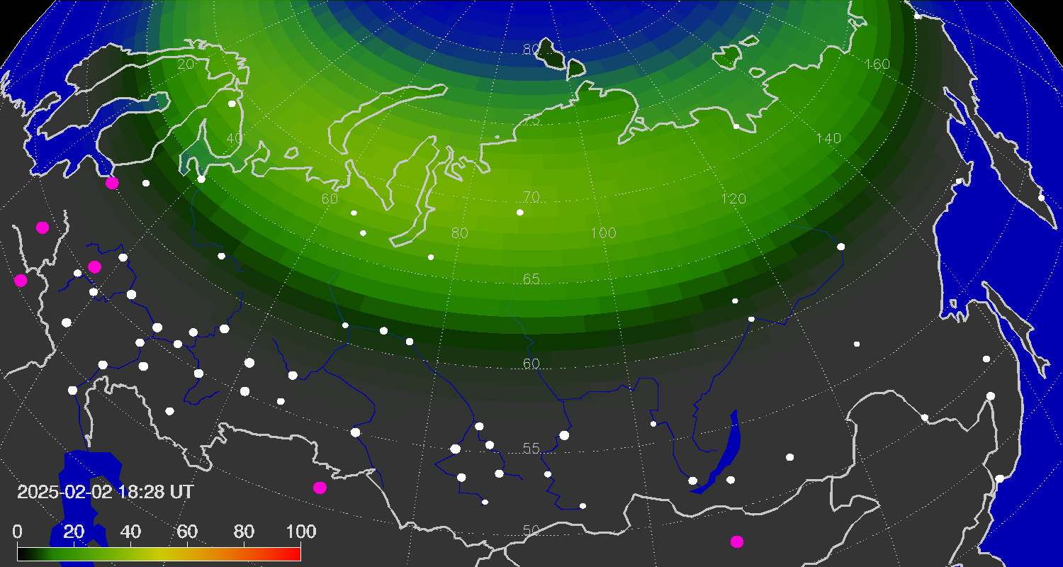 Northern lights (auroras) over the territory of Eurasia