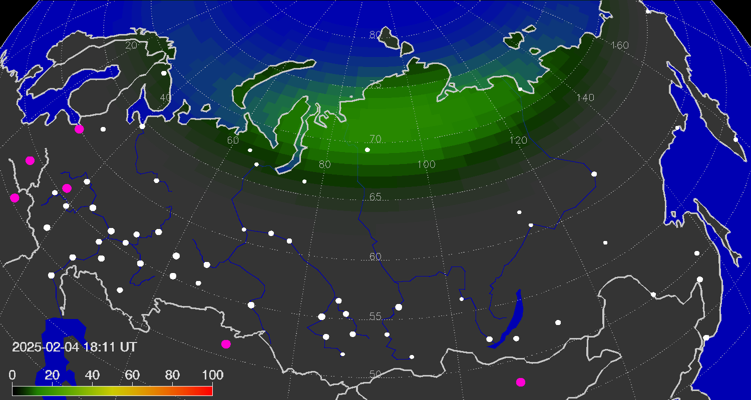 Northern lights (auroras) over the territory of Eurasia