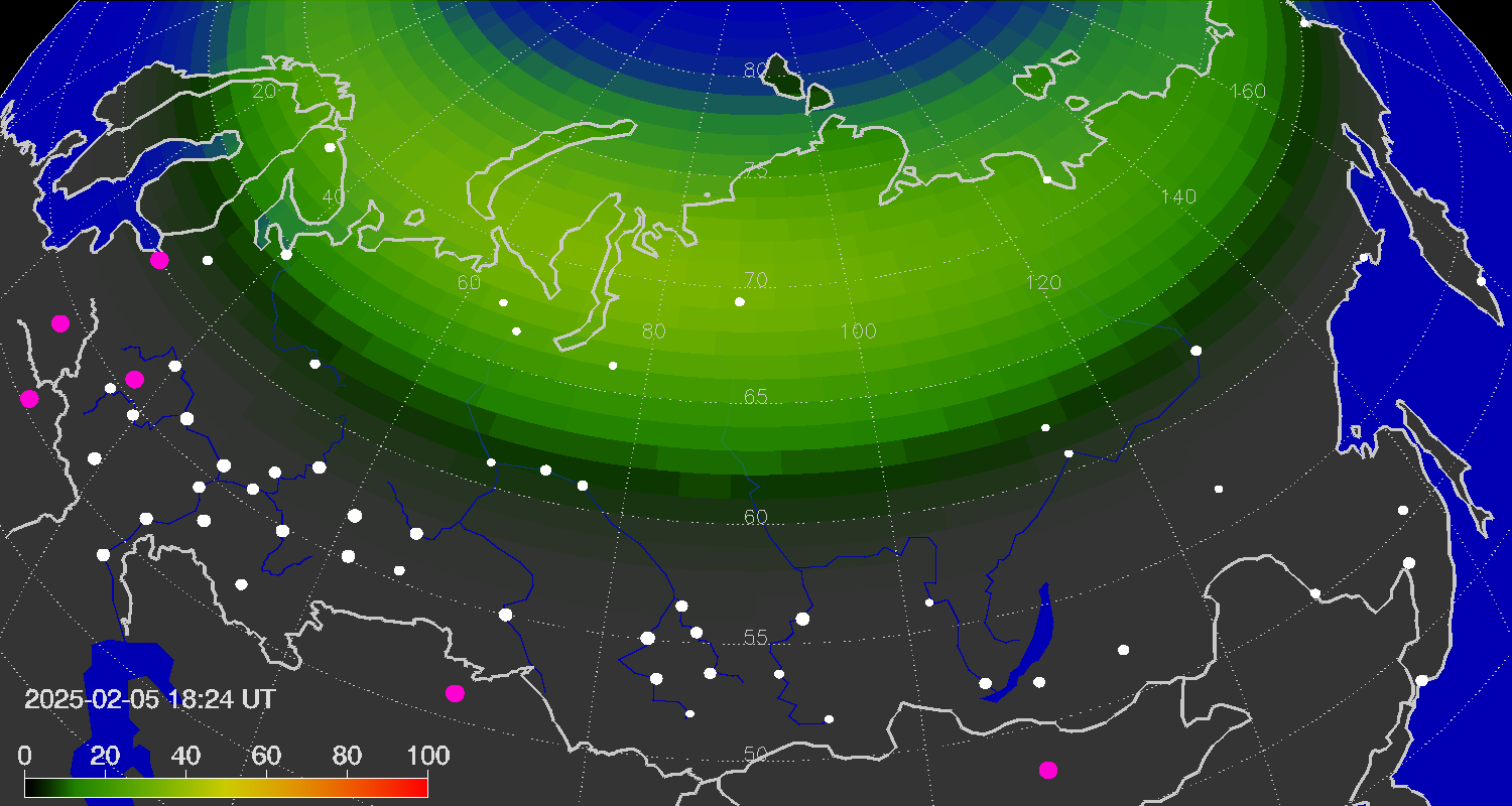 Northern lights (auroras) over the territory of Eurasia