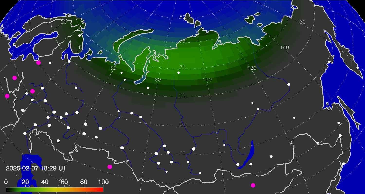 Northern lights (auroras) over the territory of Eurasia