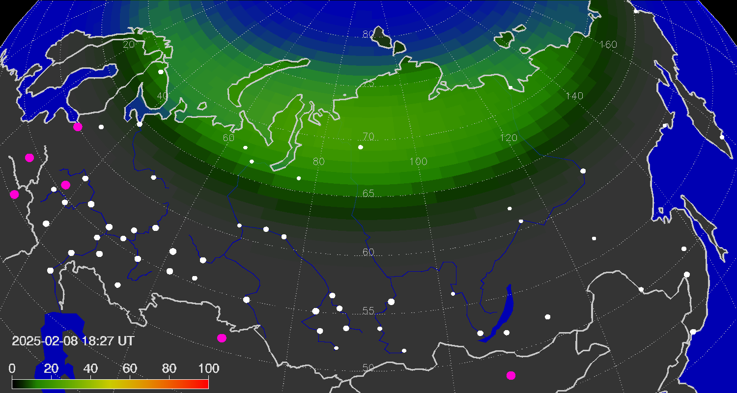 Northern lights (auroras) over the territory of Eurasia
