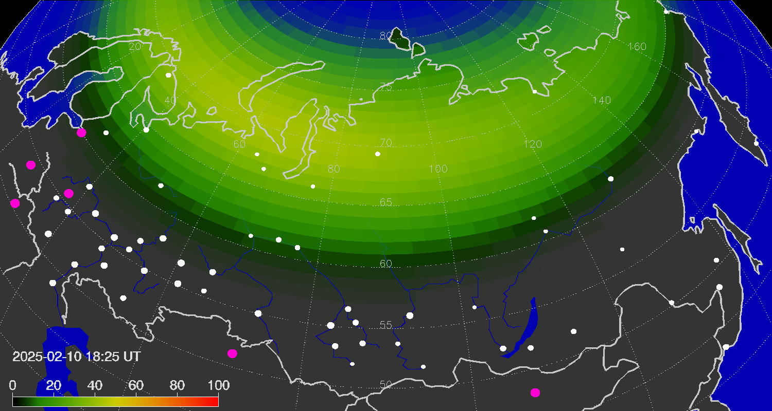 Northern lights (auroras) over the territory of Eurasia