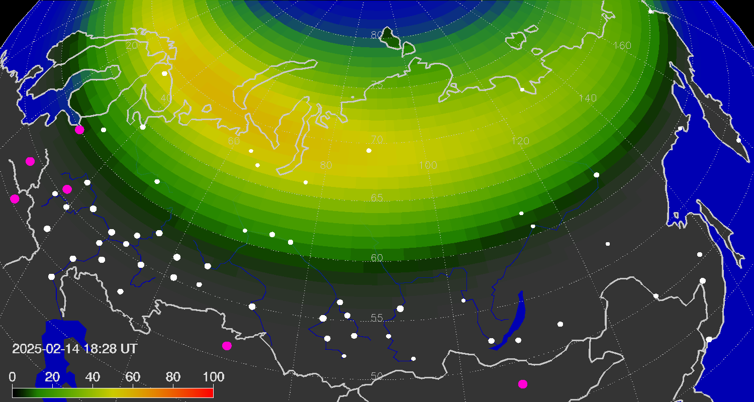 Northern lights (auroras) over the territory of Eurasia