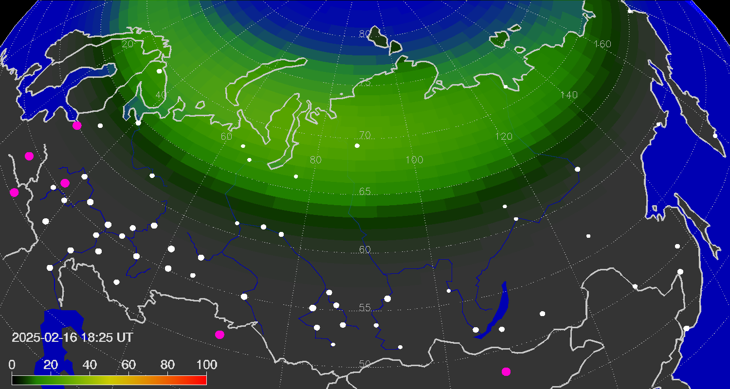 Northern lights (auroras) over the territory of Eurasia