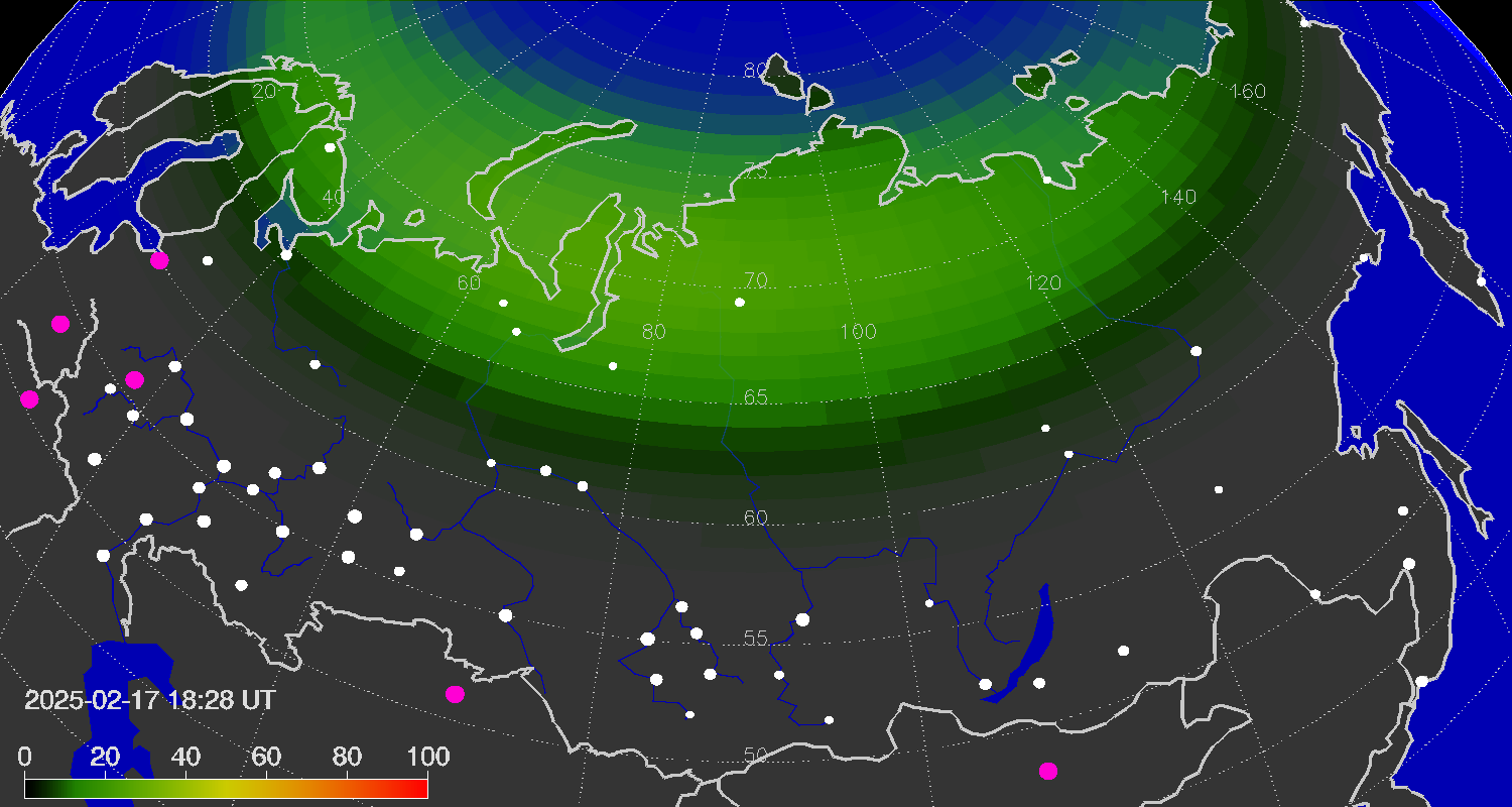 Northern lights (auroras) over the territory of Eurasia