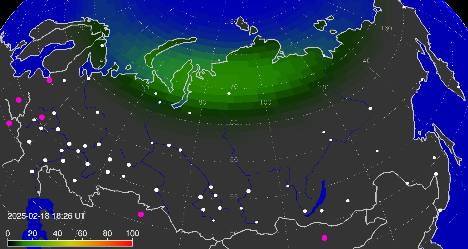 Northern lights (auroras) over the territory of Eurasia