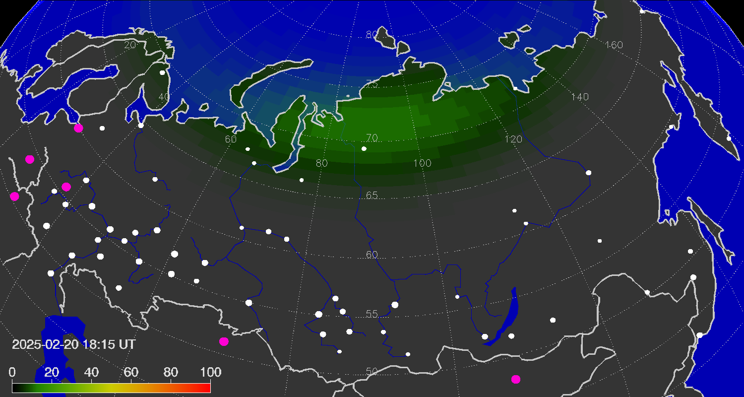 Northern lights (auroras) over the territory of Eurasia
