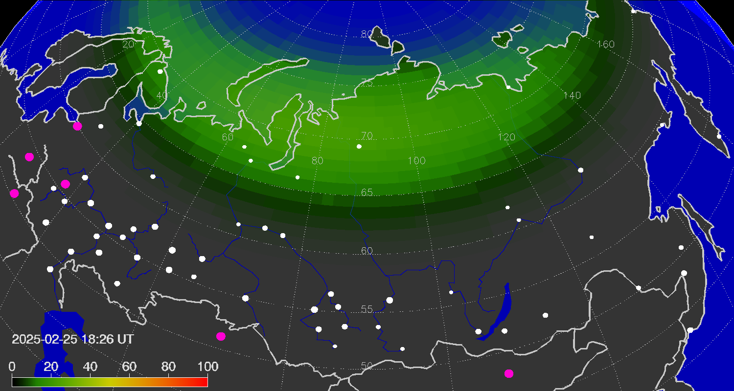 Northern lights (auroras) over the territory of Eurasia
