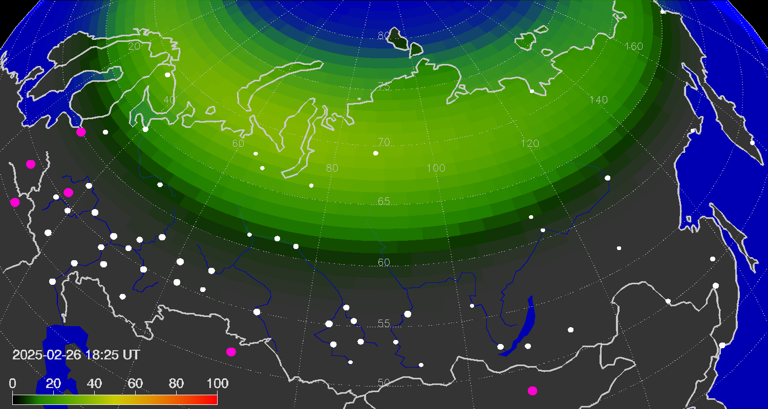 Northern lights (auroras) over the territory of Eurasia