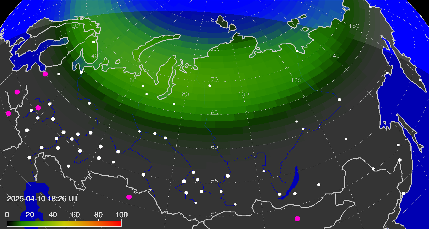 Northern lights (auroras) over the territory of Eurasia
