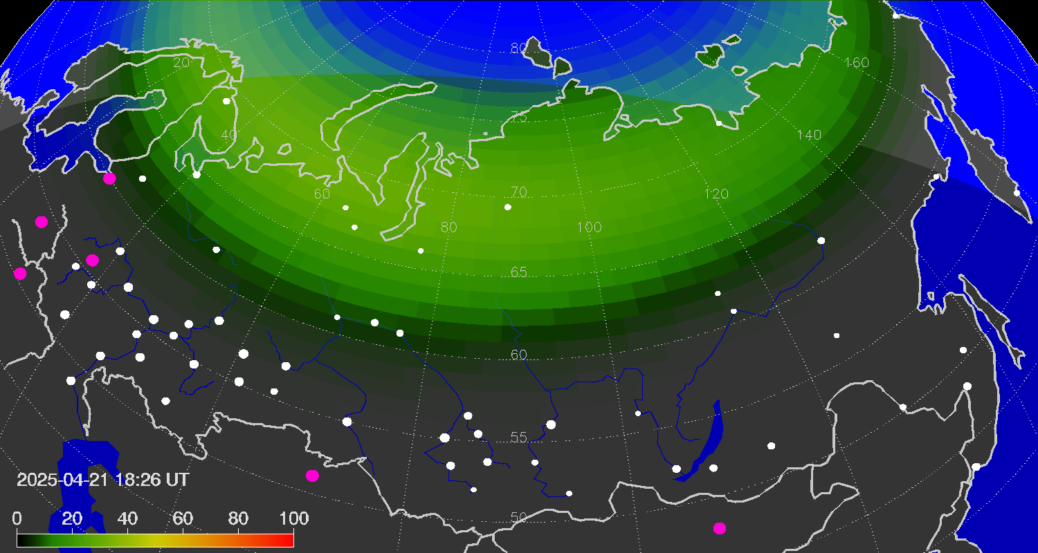 Northern lights (auroras) over the territory of Eurasia