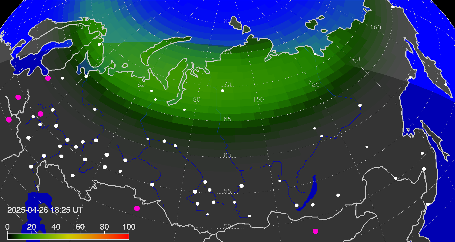Northern lights (auroras) over the territory of Eurasia